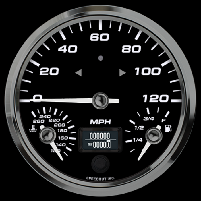 4.5" Triple 120 mph Speedo/Fuel Level/WT Temp - Black Dial / White Numbers - With Turn Signals and High Beams