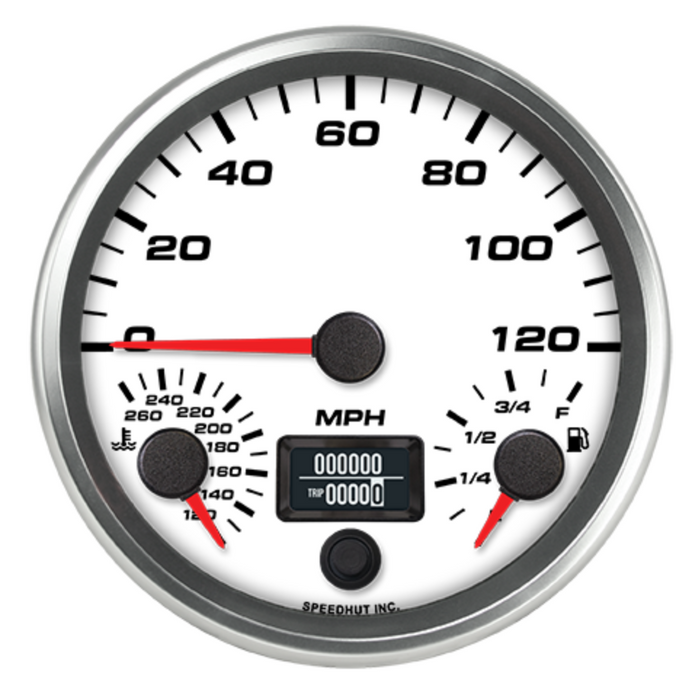 4.5" Triple 120 mph Speedo/Fuel Level/WT Temp - White Dial / Black Numbers