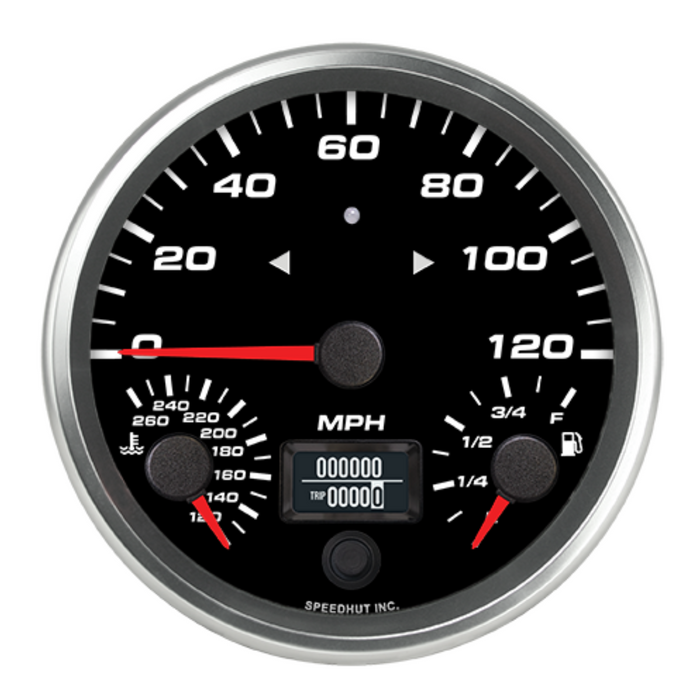 4.5" Triple 120 mph Speedo/Fuel Level/WT Temp - Black Dial / White Numbers - With Turn Signals and High Beams