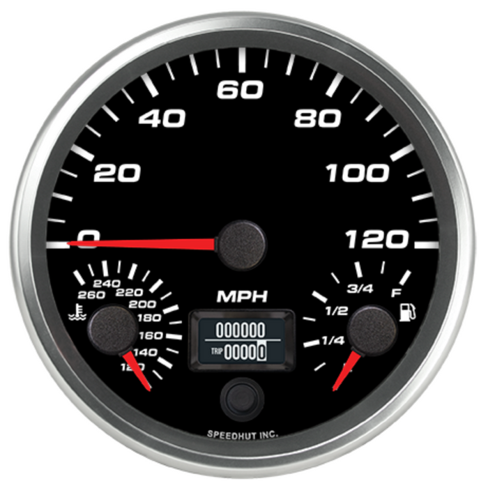 4.5" Triple 120 mph Speedo/Fuel Level/WT Temp - Black Dial / White Numbers